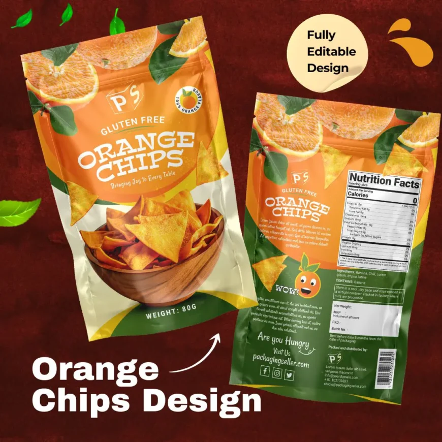 This Design template is created for Orange Chips Standup Bag Design but you can customize this template for any kind of label you need.